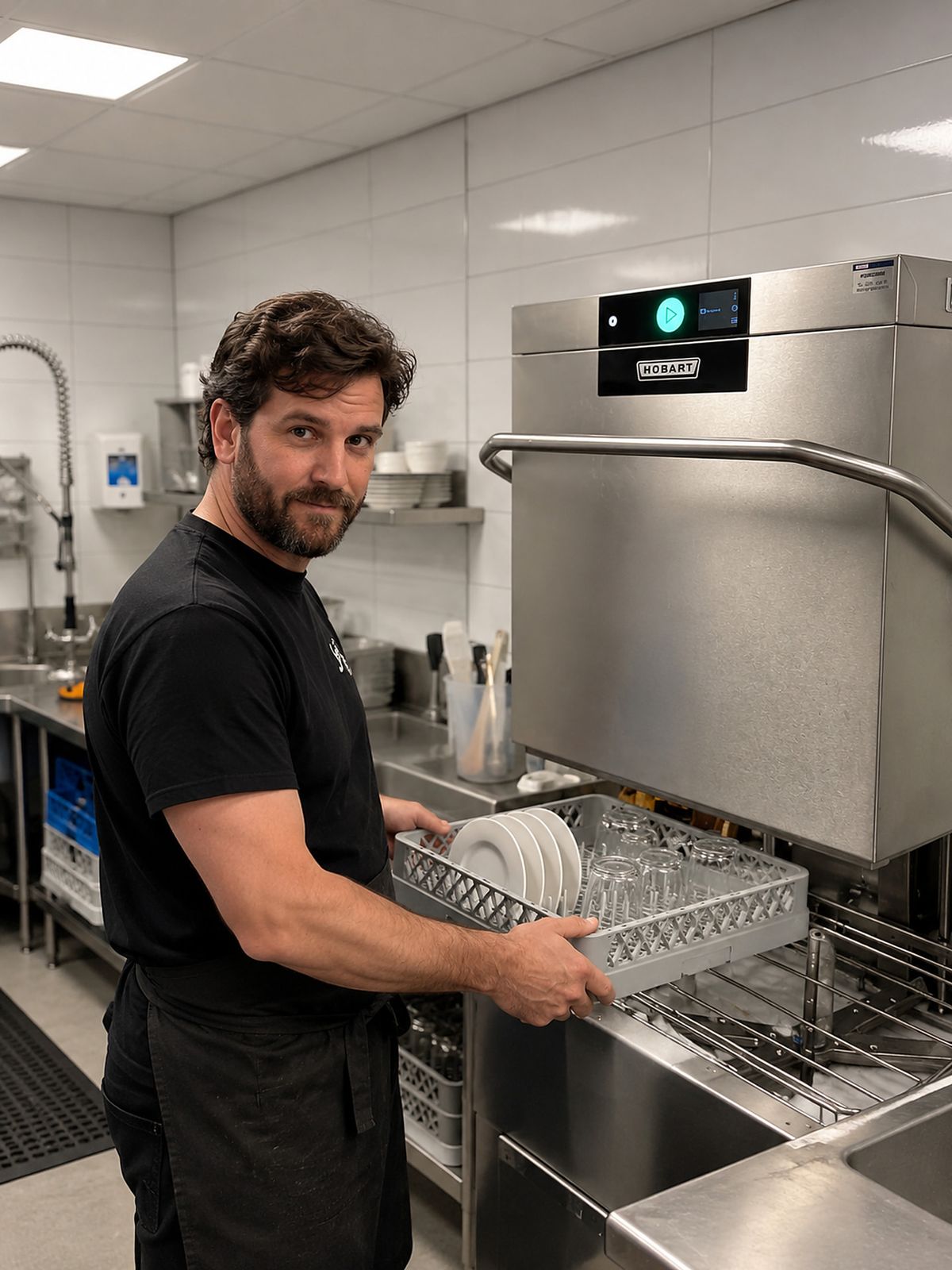 Afwasser bij de vaatwasser in de spoelkeuken
