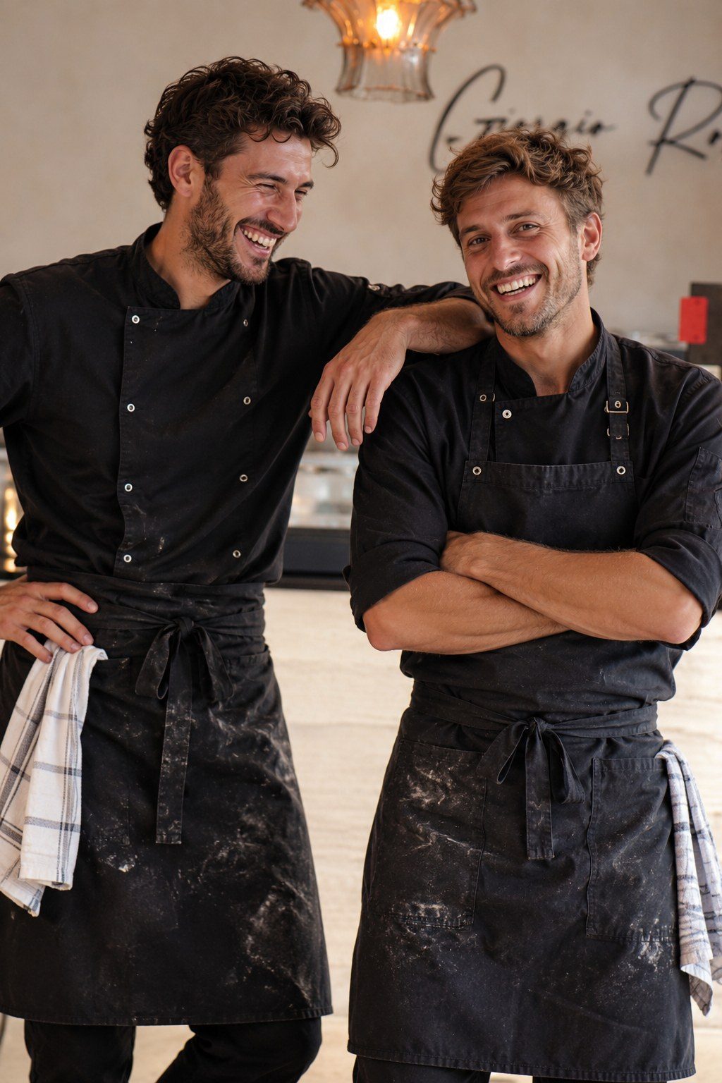 Twee lachende koks in de keuken